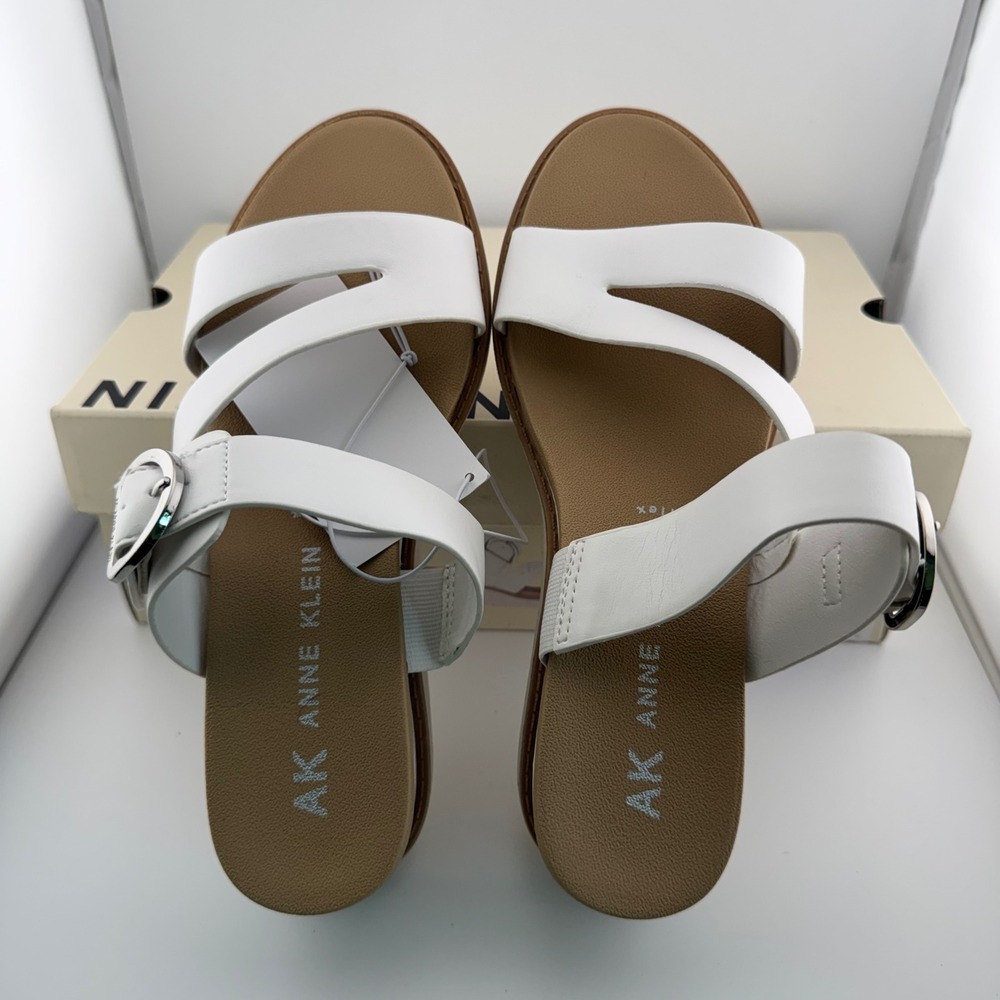Anne Klein Lalasa Sandals Womens 7 White New Wedge Heel Buckle Strappy Slide - Picture 3 of 9